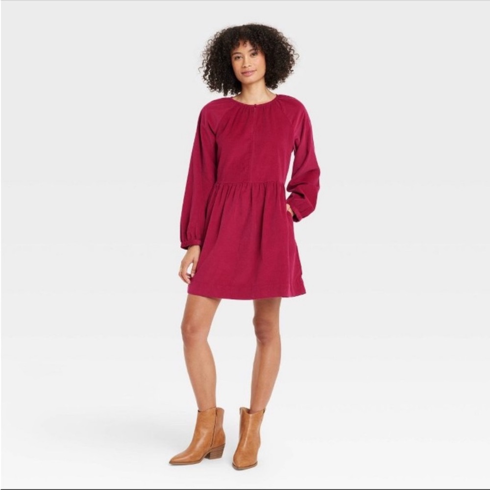 NWT Universal Thread Balloon Long Sleeve Corduroy Shift Dress Red
